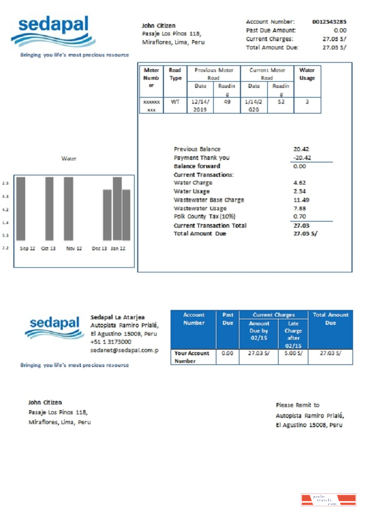 Peru Sedapal La Atarjea water utility bill template in Word and PDF format